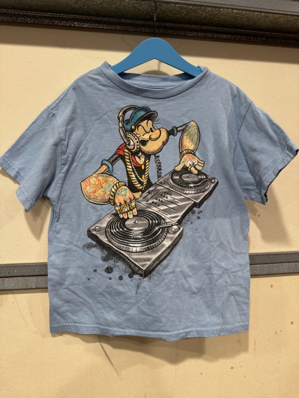 Popeye The Sailor Man‎ Kids Youth DJ Shirt Size S Small Light Blue Short Sleeve